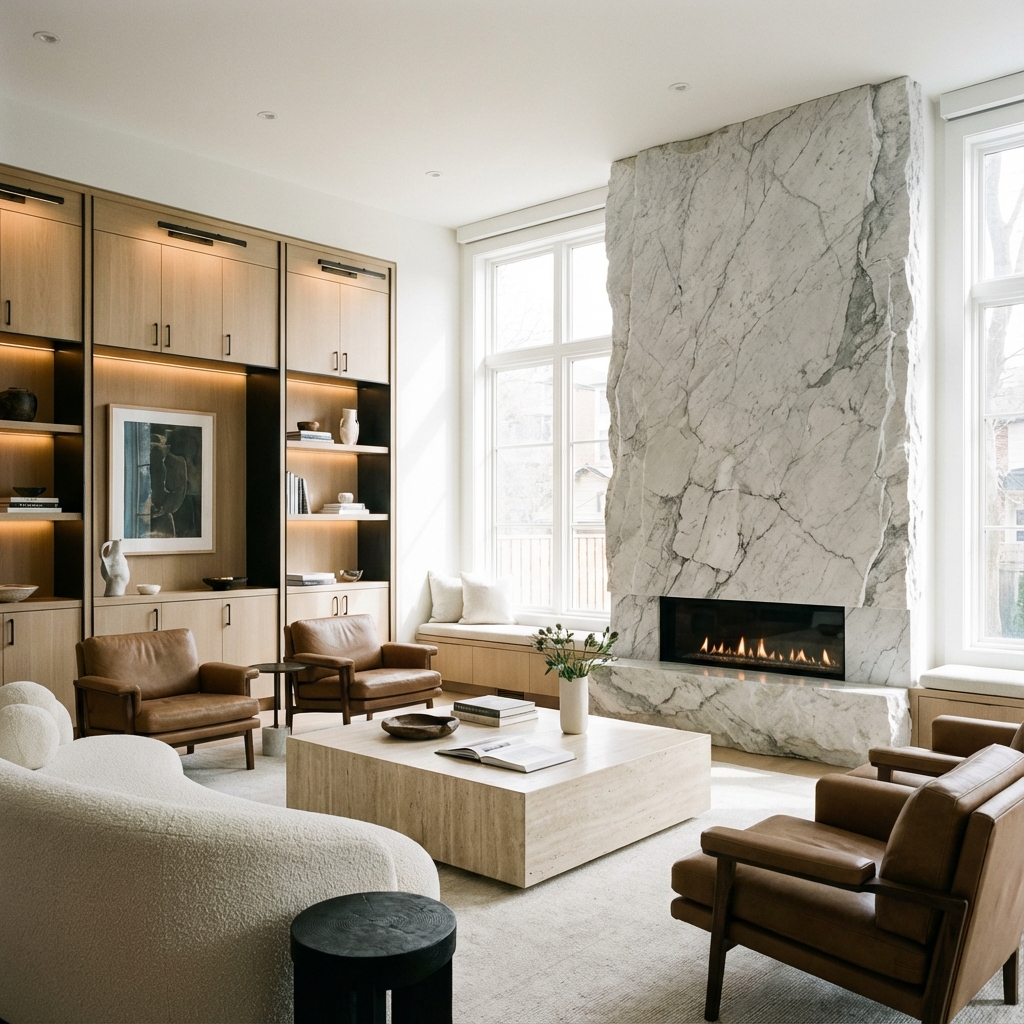 Modern Living Room with custom cabinetry and stone fireplace